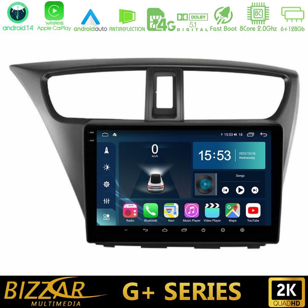 Bizzar G+ Series Honda Civic Hatchback 2012-2015 8core Android14 6+128GB Navigation Multimedia Tablet 9"