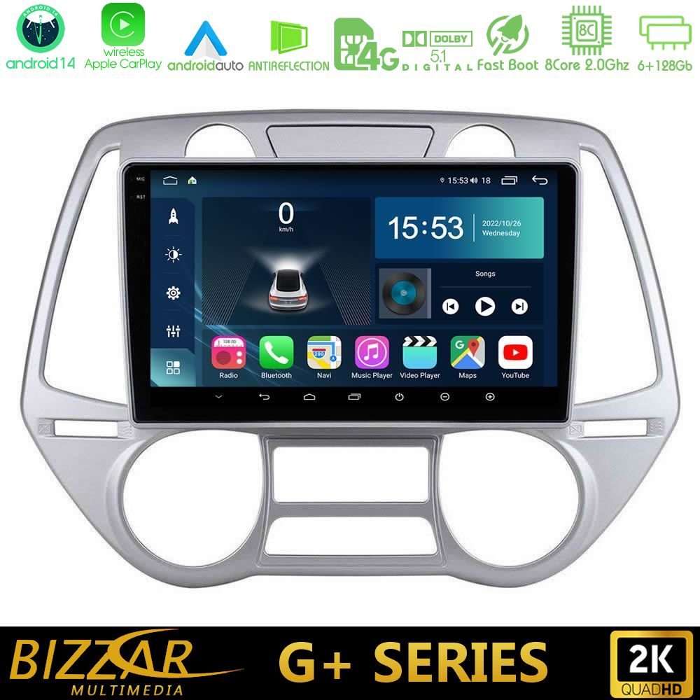 Bizzar G+ Series Hyundai i20 2009-2012 Auto A/C 8core Android14 6+128GB Navigation Multimedia Tablet 9"