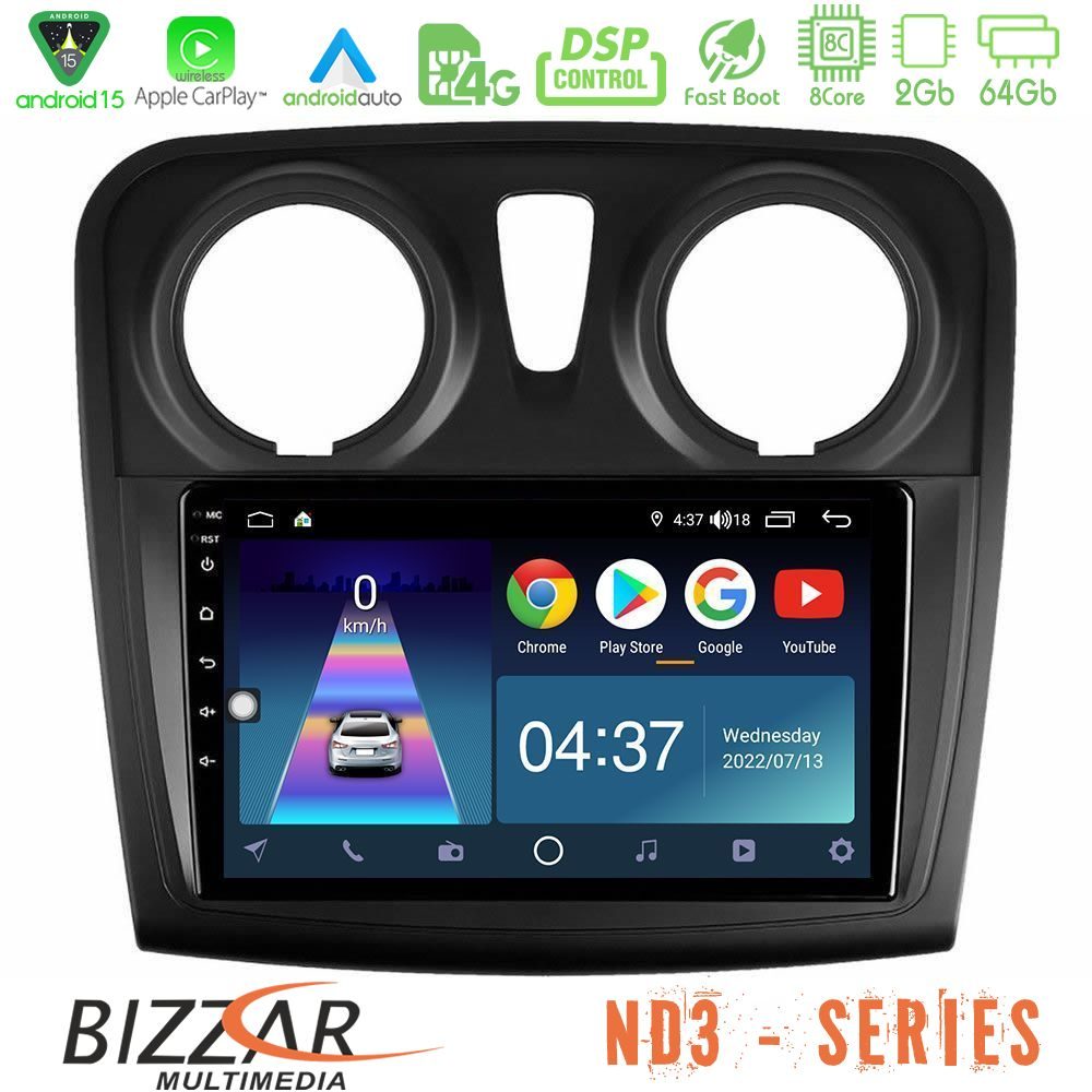 Bizzar ND3 Series 8Core Android15 2+64GB     Dacia Dokker 2014-2021 Navigation Multimedia Tablet 9"