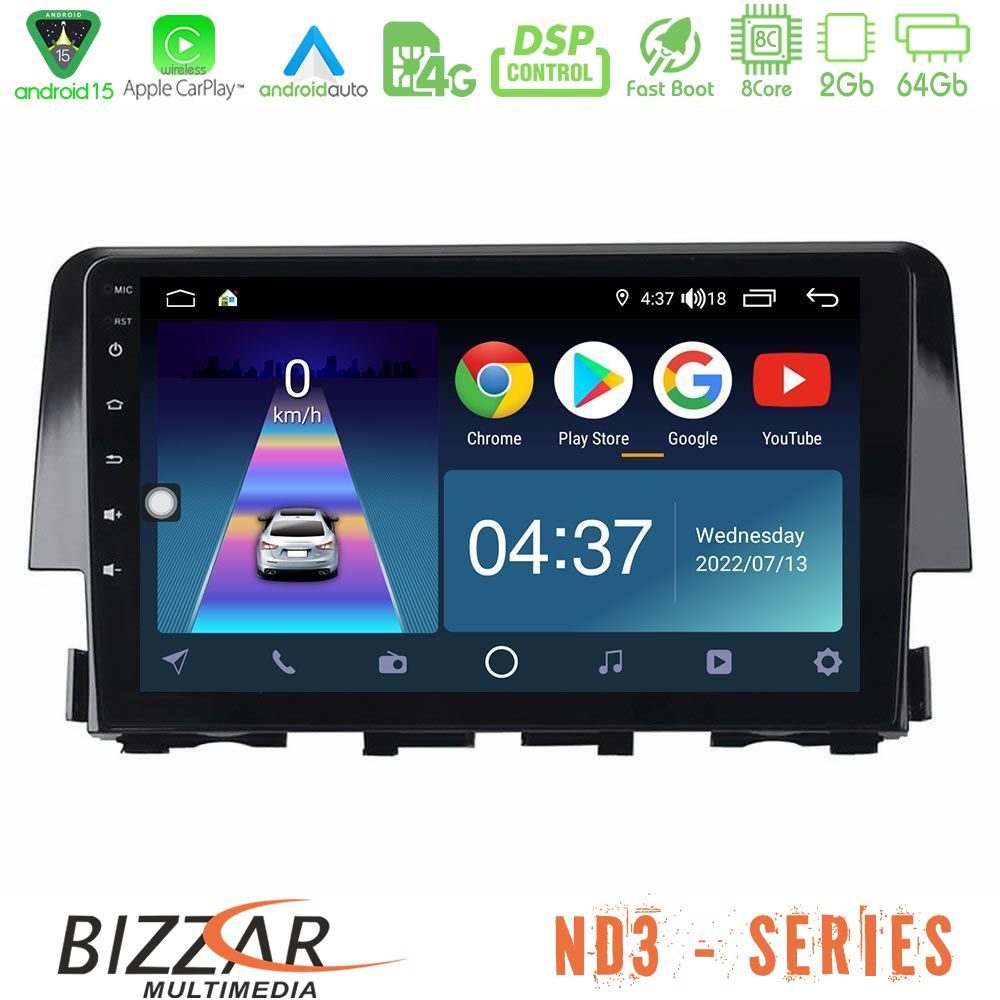 Bizzar ND3 Series 8Core Android15 2+64GB  Honda Civic 2016-2020 Navigation Multimedia Tablet 9"