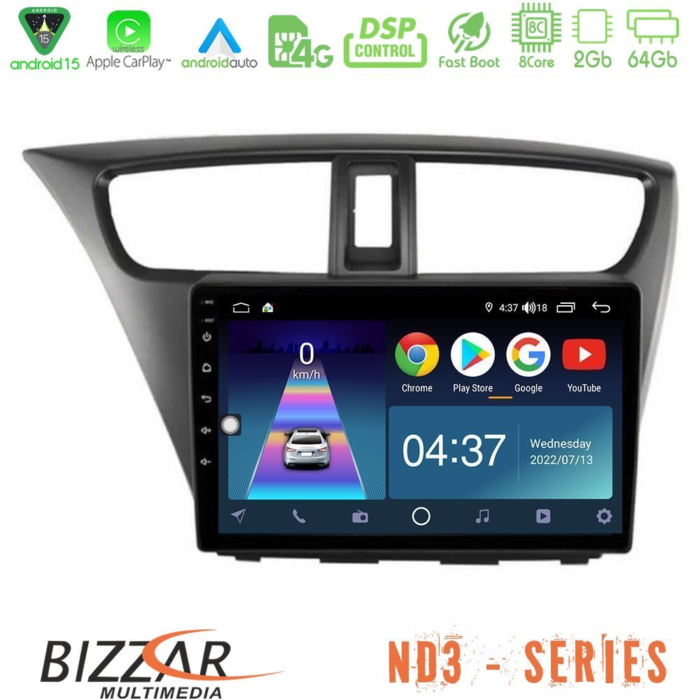Bizzar ND3 Series 8Core Android15 2+64GB  Honda Civic Hatchback 2012-2015 Navigation Multimedia Tablet 9"