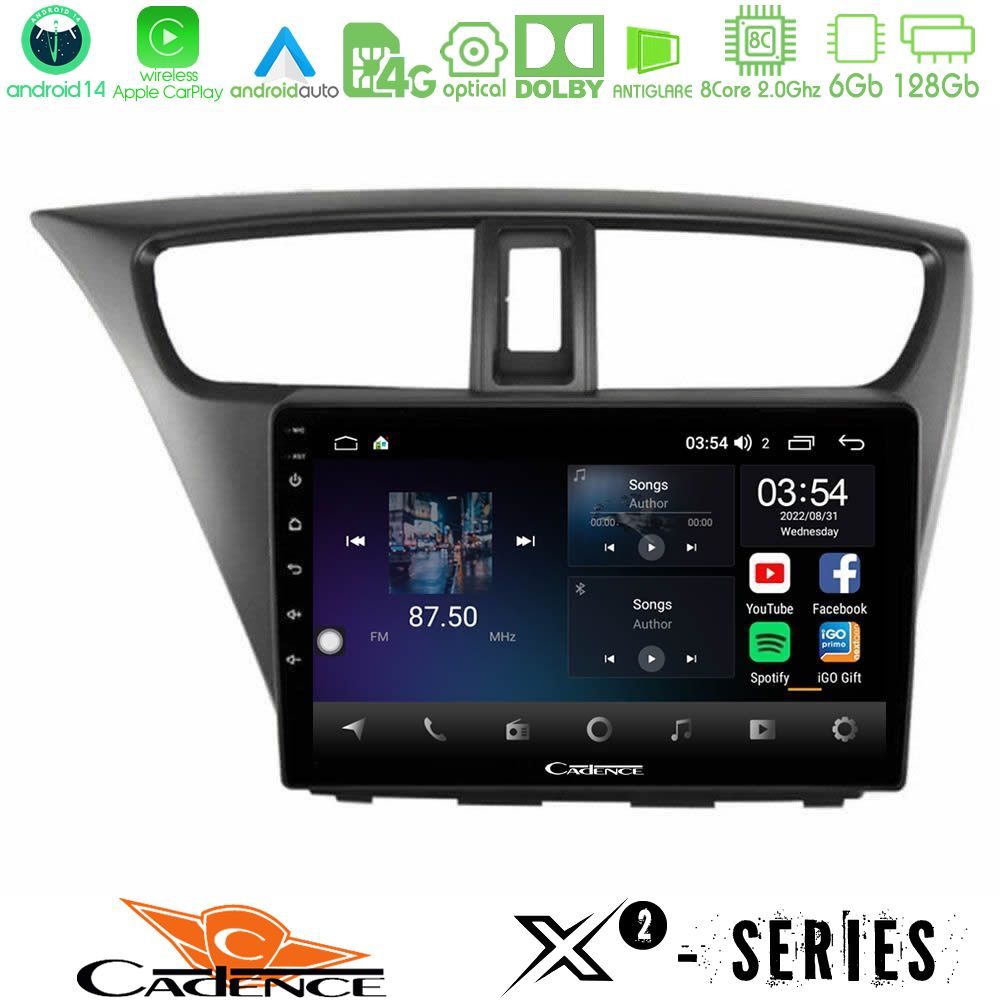Cadence X2 Series 8Core Android14 6+128GB  Honda Civic Hatchback 2012-2015 Navigation Multimedia Tablet 9"