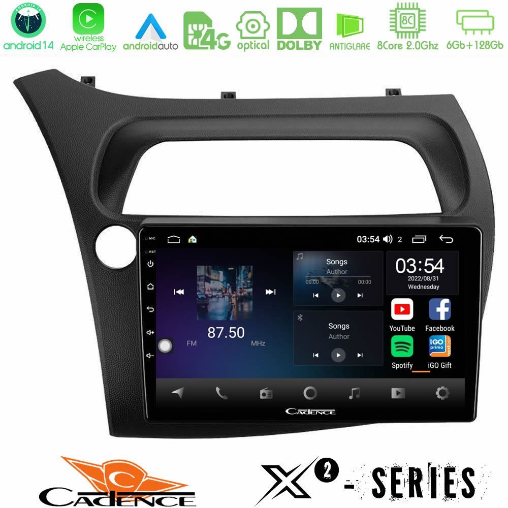 Cadence X2 Series 8Core Android14 6+128GB Honda Civic Hatchback 2006-2011 Navigation Multimedia Tablet 9"