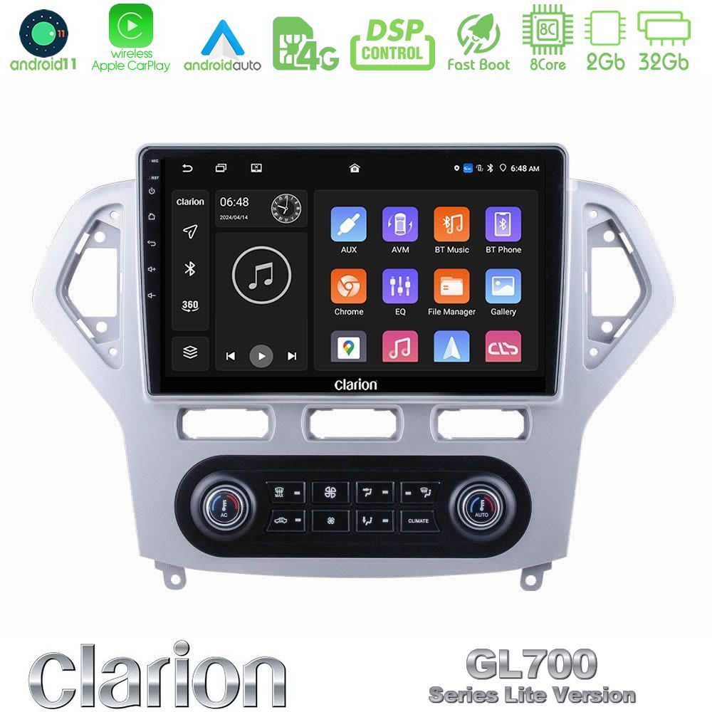 Clarion GL700 Lite Series 8Core Android11 2+32GB Ford Mondeo 2007-2011 (Auto A/C) Navigation Multimedia Tablet 10" Με Carplay & Android Auto
