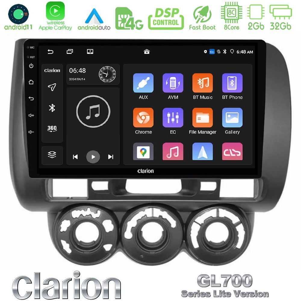 Clarion GL700 Lite Series 8Core Android11 2+32GB Honda Jazz (Fit) 2002-2008 (RHD) Manual A/C Navigation Multimedia Tablet 9" Με Carplay & Android Auto