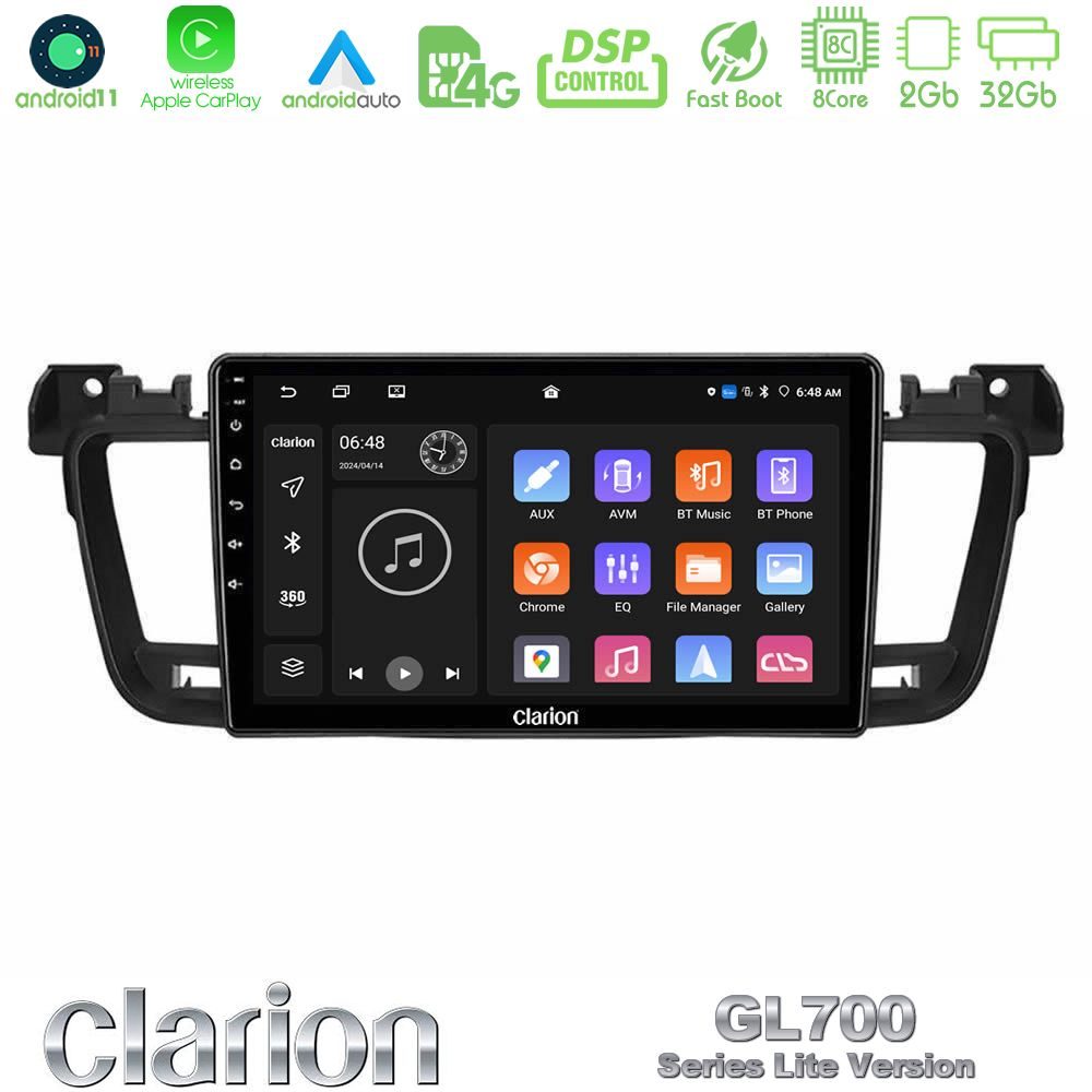 Clarion GL700 Lite Series 8Core Android11 2+32GB Peugeot 508 2010-2018 Navigation Multimedia Tablet 9" Με Carplay & Android Auto