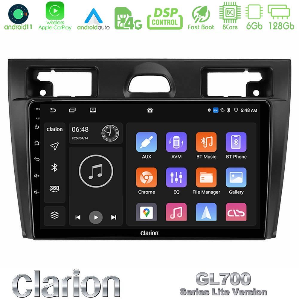 Clarion GL700 Lite Series 8Core Android11 6+128GB Ford Fiesta/Fusion Navigation Multimedia Tablet 9" Με Carplay & Android Auto