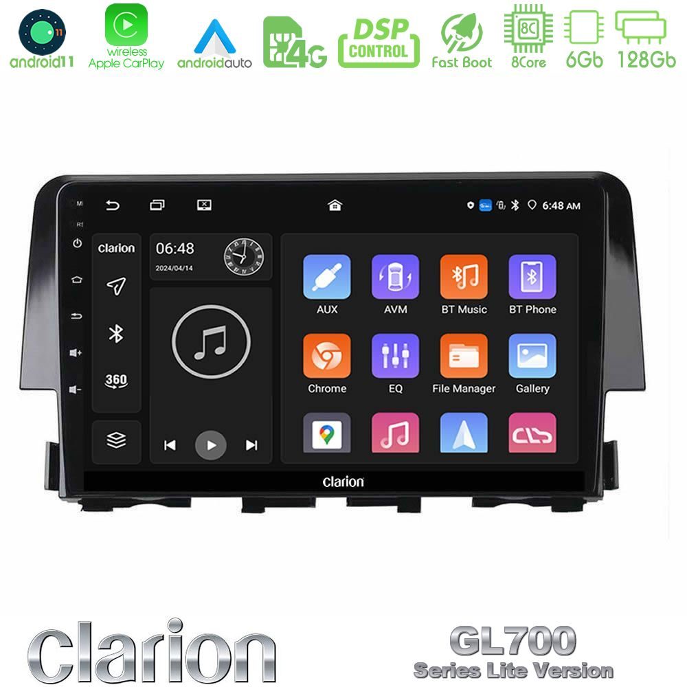 Clarion GL700 Lite Series 8Core Android11 6+128GB Honda Civic 2016-2020 Navigation Multimedia Tablet 9" Με Carplay & Android Auto