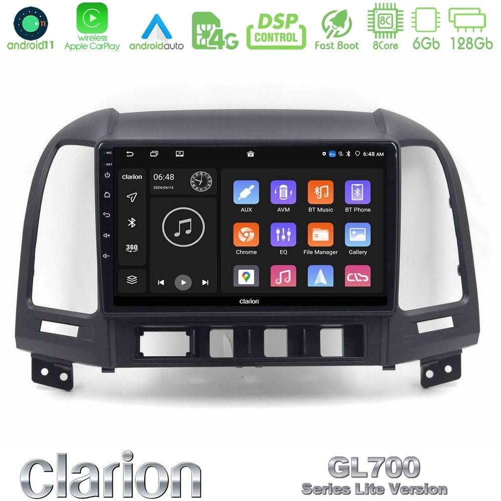 Clarion GL700 Lite Series 8Core Android11 6+128GB Hyundai Santa Fe 2006-2013 Navigation Multimedia Tablet 9" Με Carplay & Android Auto