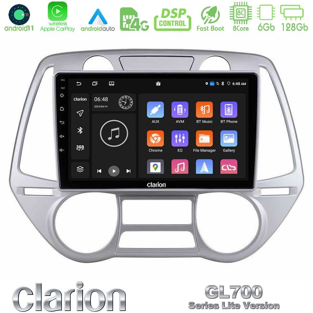 Clarion GL700 Lite Series 8Core Android11 6+128GB Hyundai i20 2009-2012 Auto A/C Navigation Multimedia Tablet 9" Με Carplay & Android Auto