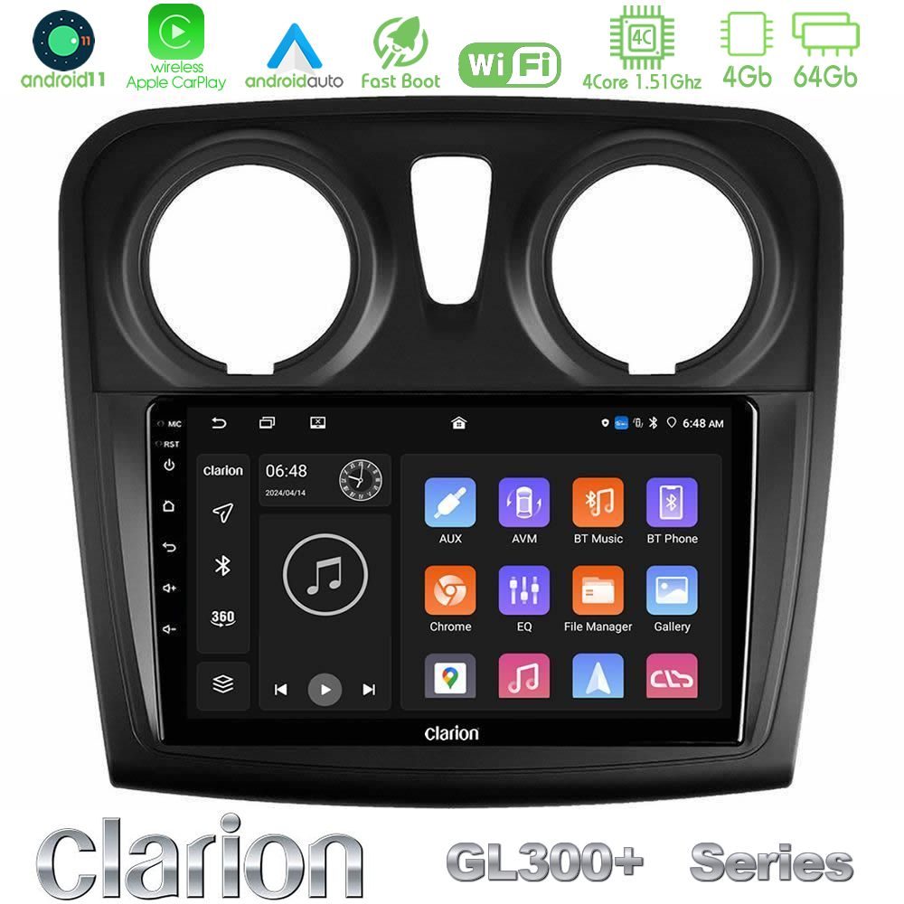 Clarion GL300+ Series 4Core Android11 4+64GB  Dacia Sandero 2014-2020 Navigation Multimedia Tablet 9"