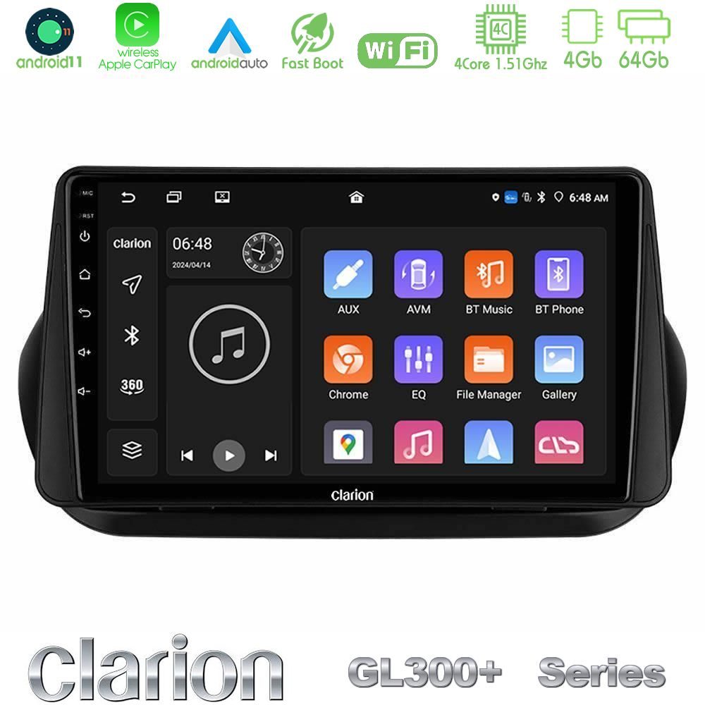 Clarion GL300+ Series 4Core Android11 4+64GB  Fiat Fiorino/Citroen Nemo/Peugeot Bipper Navigation Multimedia Tablet 10"