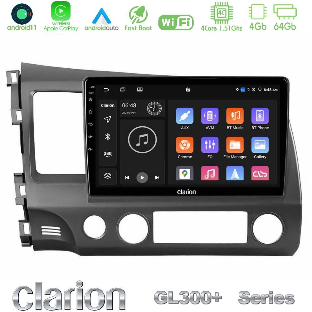 Clarion GL300+ Series 4Core Android11 4+64GB Honda Civic 2006-2011 Navigation Multimedia Tablet 10"