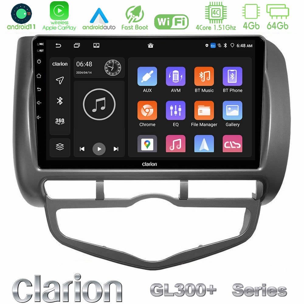 Clarion GL300+ Series 4Core Android11 4+64GB  Honda Jazz 2002-2008 (Auto A/C) Navigation Multimedia Tablet 9"