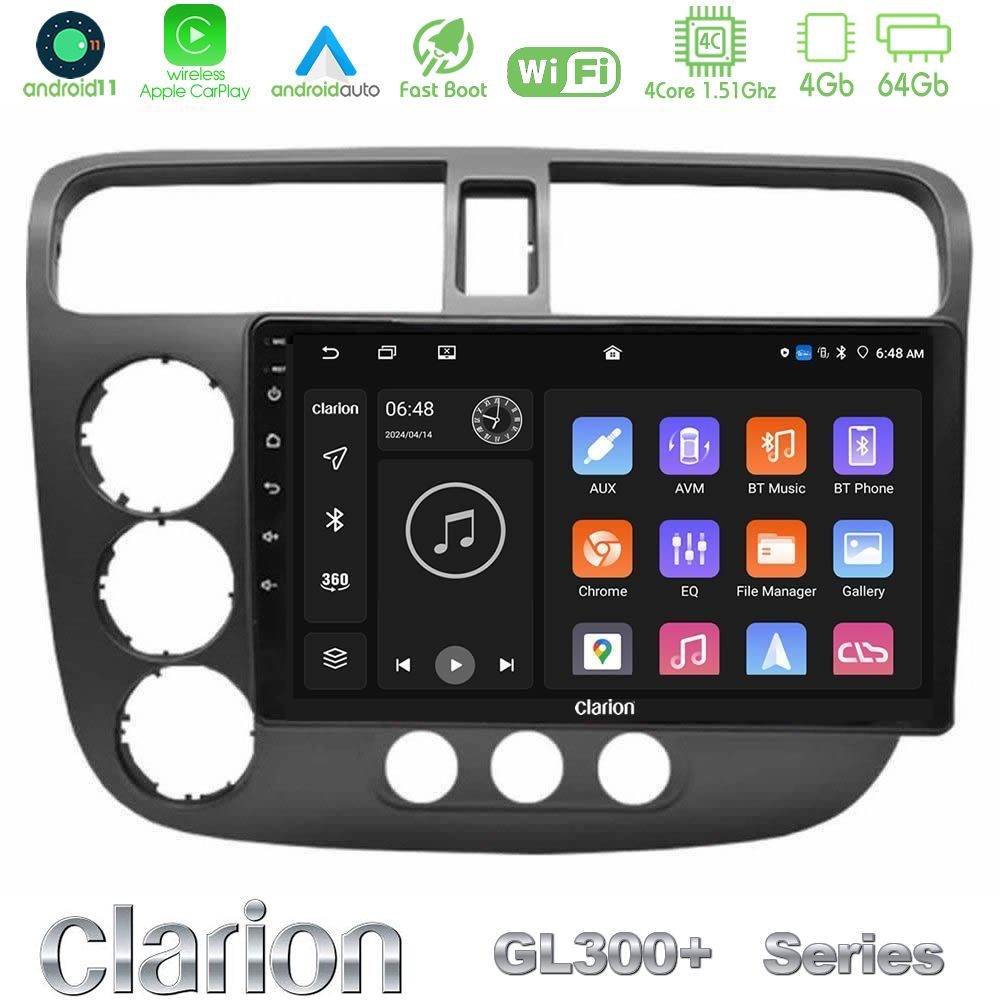 Clarion GL300+ Series 4Core Android11 4+64GB  Honda Civic 2001-2005 Navigation Multimedia Tablet 9"