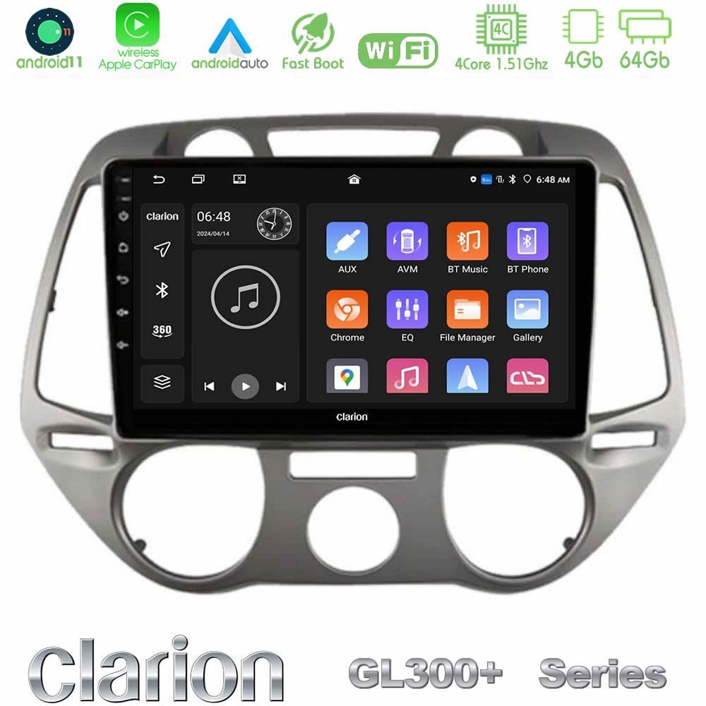 Clarion GL300+ Series 4Core Android11 4+64GB  Hyundai i20 2009-2012 Manual A/C Navigation Multimedia Tablet 9"