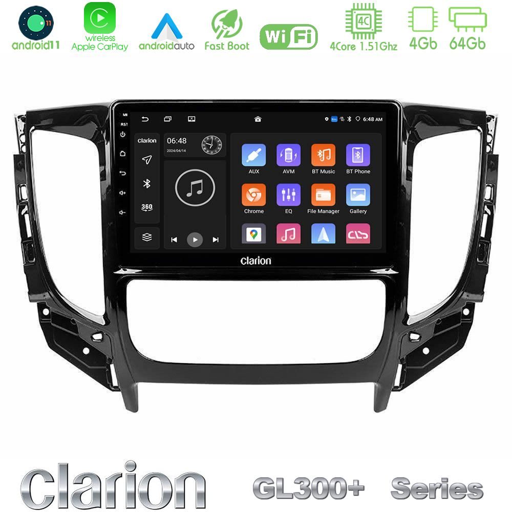 Clarion GL300+ Series 4Core Android11 4+64GB  Mitsubishi L200 2016-> amp; Fiat Fullback (Auto A/C) Navigation Multimedia Tablet 9"