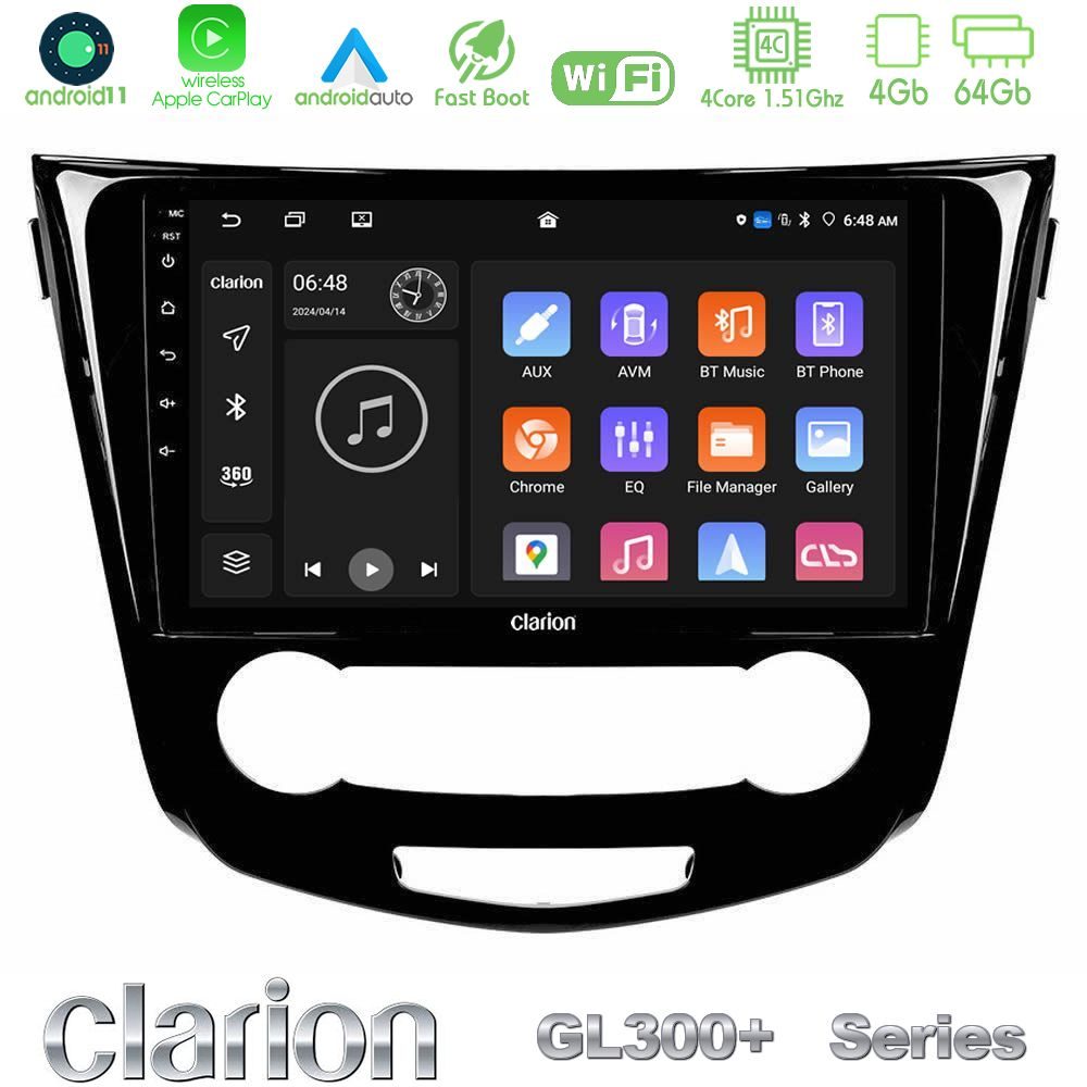 Clarion GL300+ Series 4Core Android11 4+64GB  Nissan Qashqai J11 (Manual A/C) Navigation Multimedia Tablet 10"