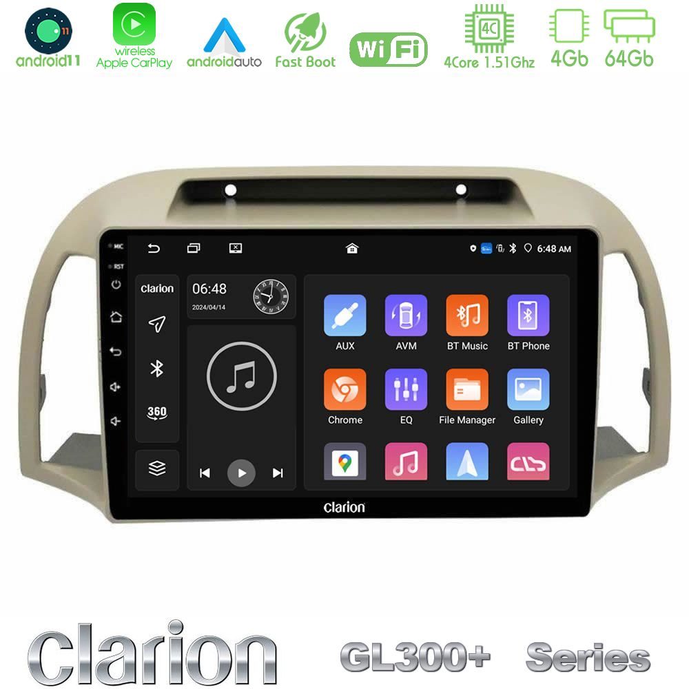Clarion GL300+ Series 4Core Android11 4+64GB  Nissan Micra K12 2002-2010 Navigation Multimedia Tablet 9"