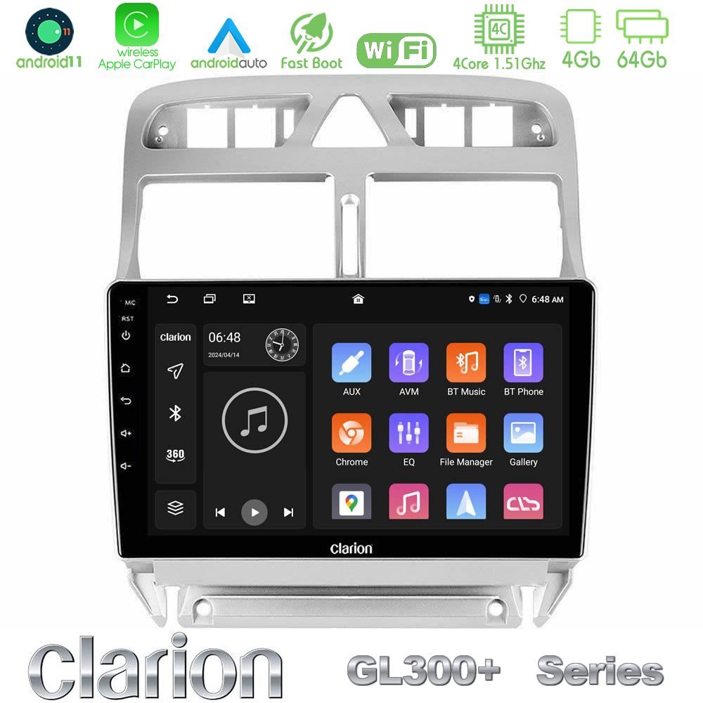 Clarion GL300+ Series 4Core Android11 4+64GB  Peugeot 307 2002-2008 Navigation Multimedia Tablet 9"