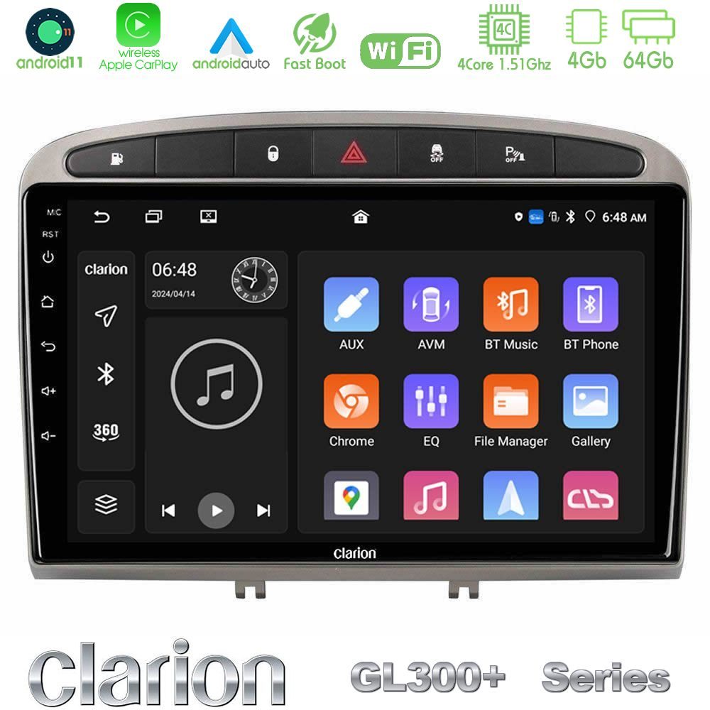 Clarion GL300+ Series 4Core Android11 4+64GB  Peugeot 308/RCZ Navigation Multimedia Tablet 9" (Ασημί Χρώμα)