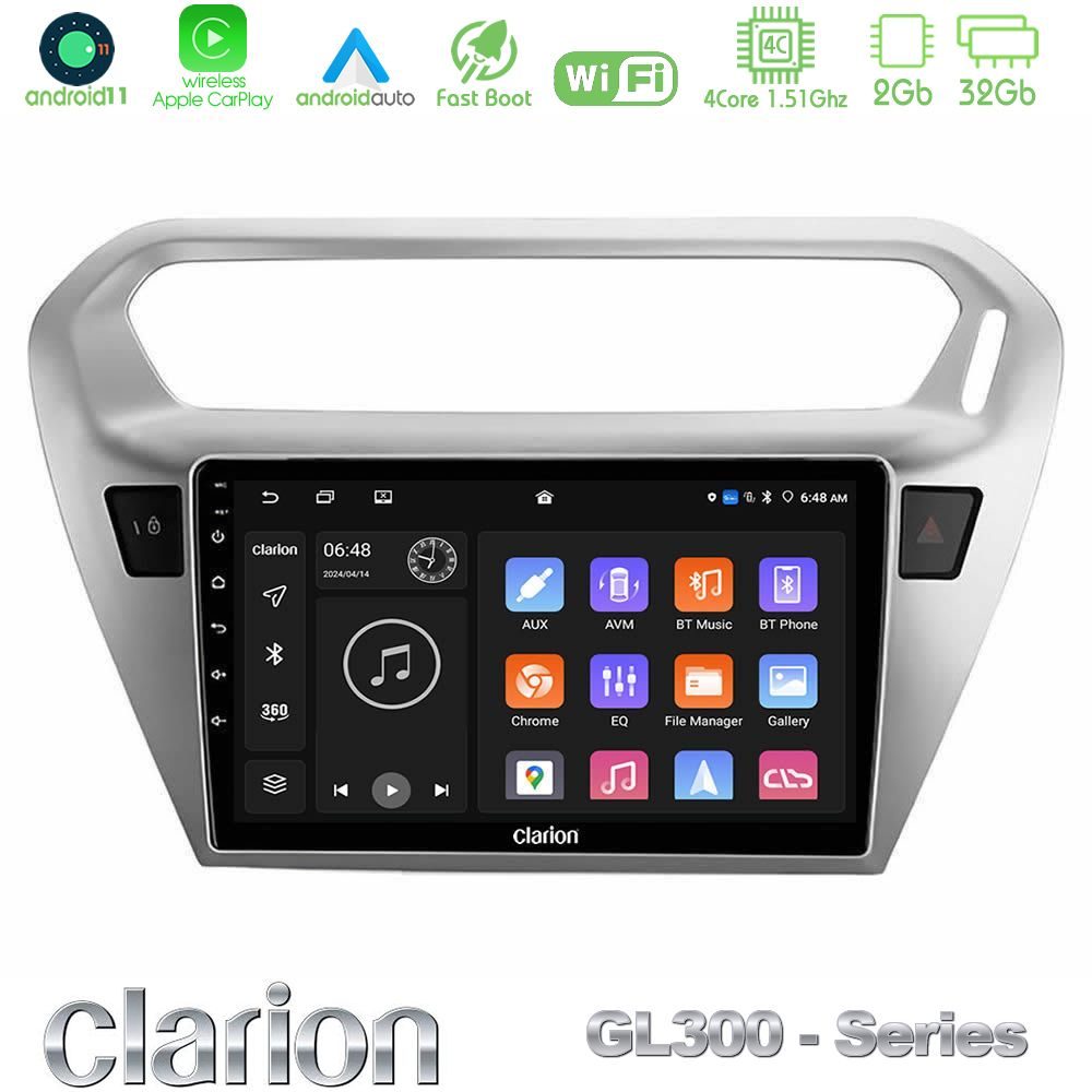 Clarion GL300 Series 4Core Android11 2+32GB Citroen C-Elysee / Peugeot 301 Navigation Multimedia Tablet 9" Με Carplay & Android Auto