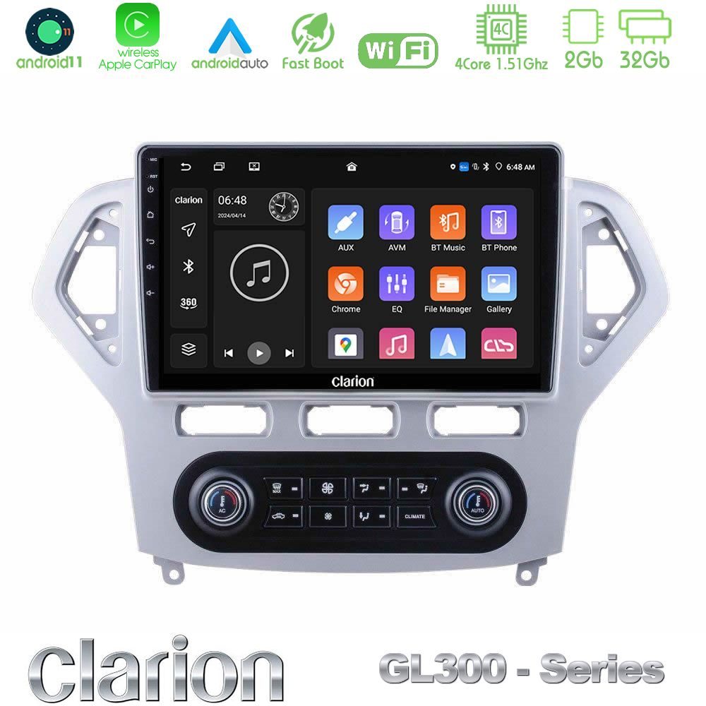 Clarion GL300 Series 4Core Android11 2+32GB Ford Mondeo 2007-2011 (Auto A/C) Navigation Multimedia Tablet 10" Με Carplay & Android Auto