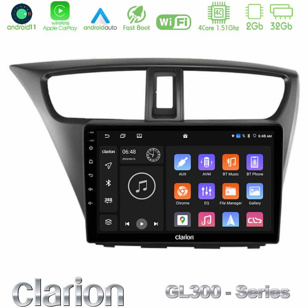 Clarion GL300 Series 4Core Android11 2+32GB Honda Civic Hatchback 2012-2015 Navigation Multimedia Tablet 9" Με Carplay & Android Auto