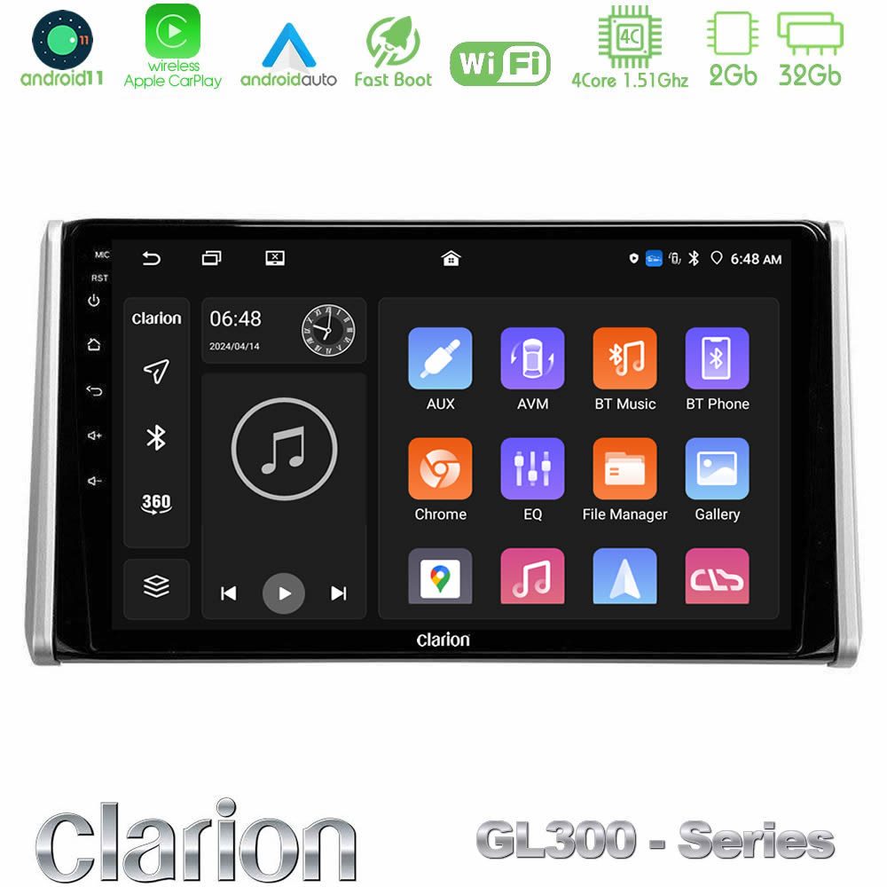Clarion GL300 Series 4Core Android11 2+32GB Toyota RAV4 2019-2023 Navigation Multimedia Tablet 10" Με Carplay & Android Auto