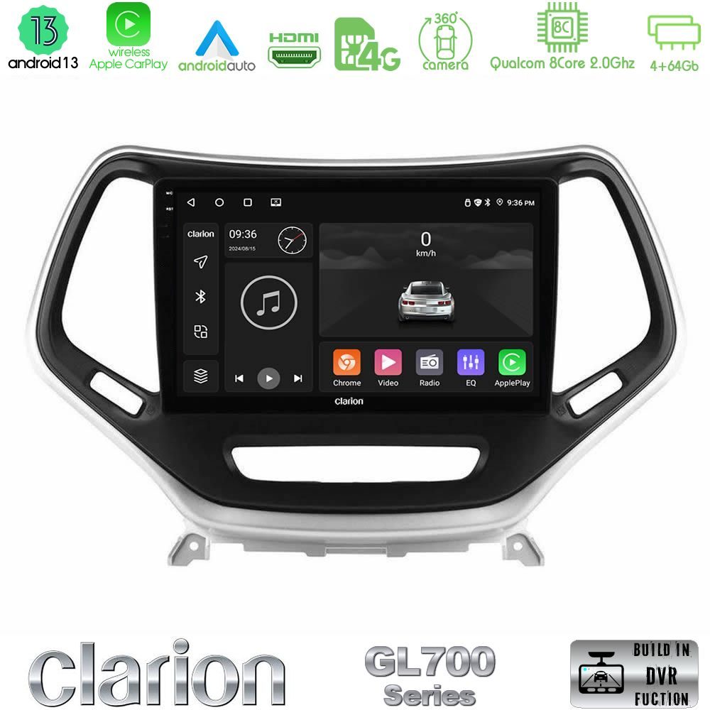 Clarion GL700 Series 8Core Android13 4+64GB Jeep Cherokee 2014-2019 Navigation Multimedia Tablet 9" (Ασημί Χρώμα) Με Carplay & Android Auto