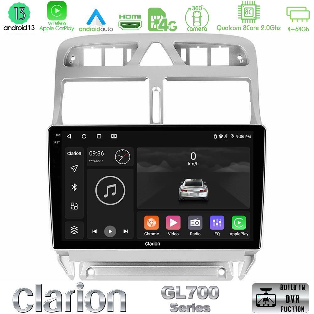 Clarion GL700 Series 8Core Android13 4+64GB Peugeot 307 2002-2008 Navigation Multimedia Tablet 9" Με Carplay & Android Auto