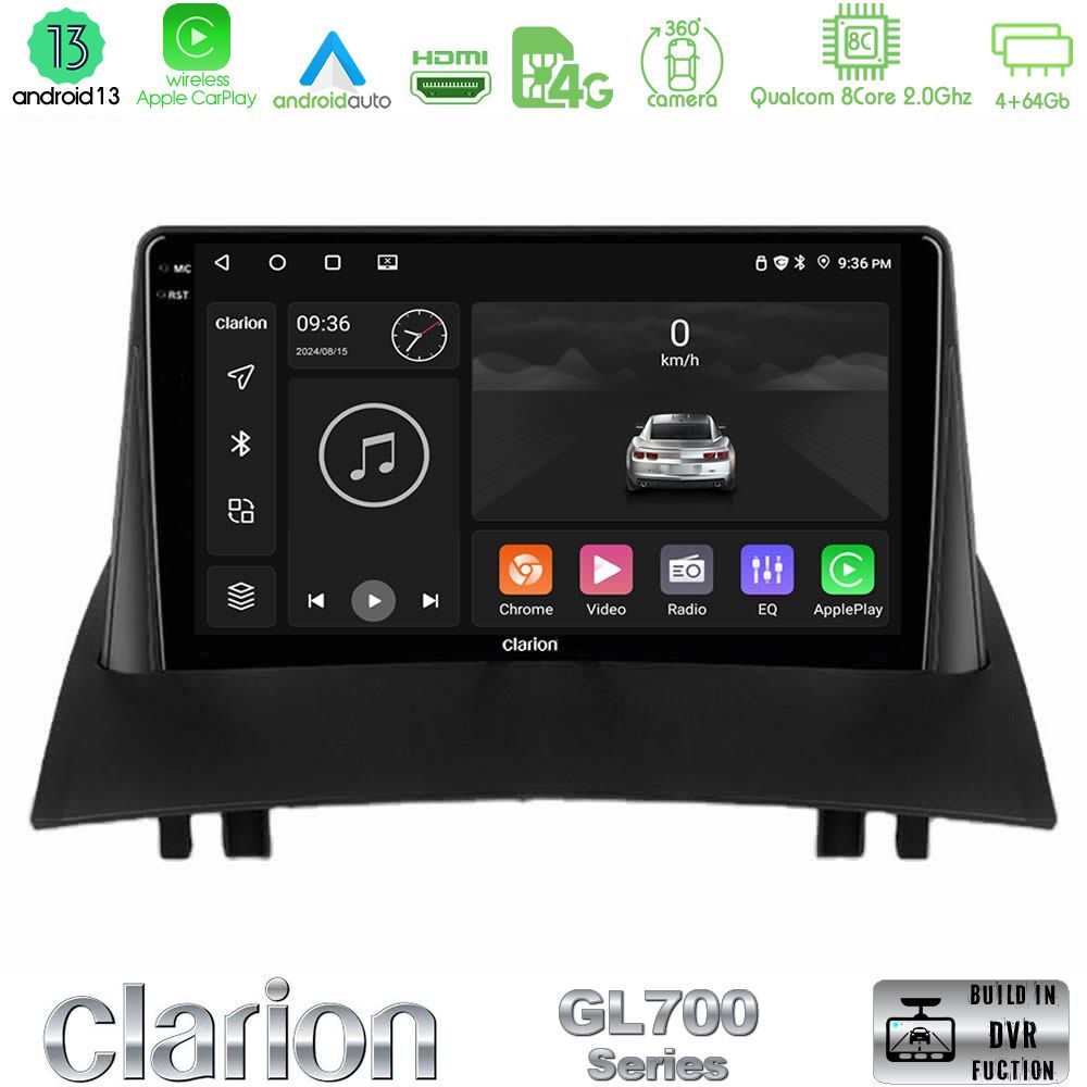 Clarion GL700 Series 8Core Android13 4+64GB Renault Megane 2 2002-2008 Navigation Multimedia Tablet 9" Με Carplay & Android Auto