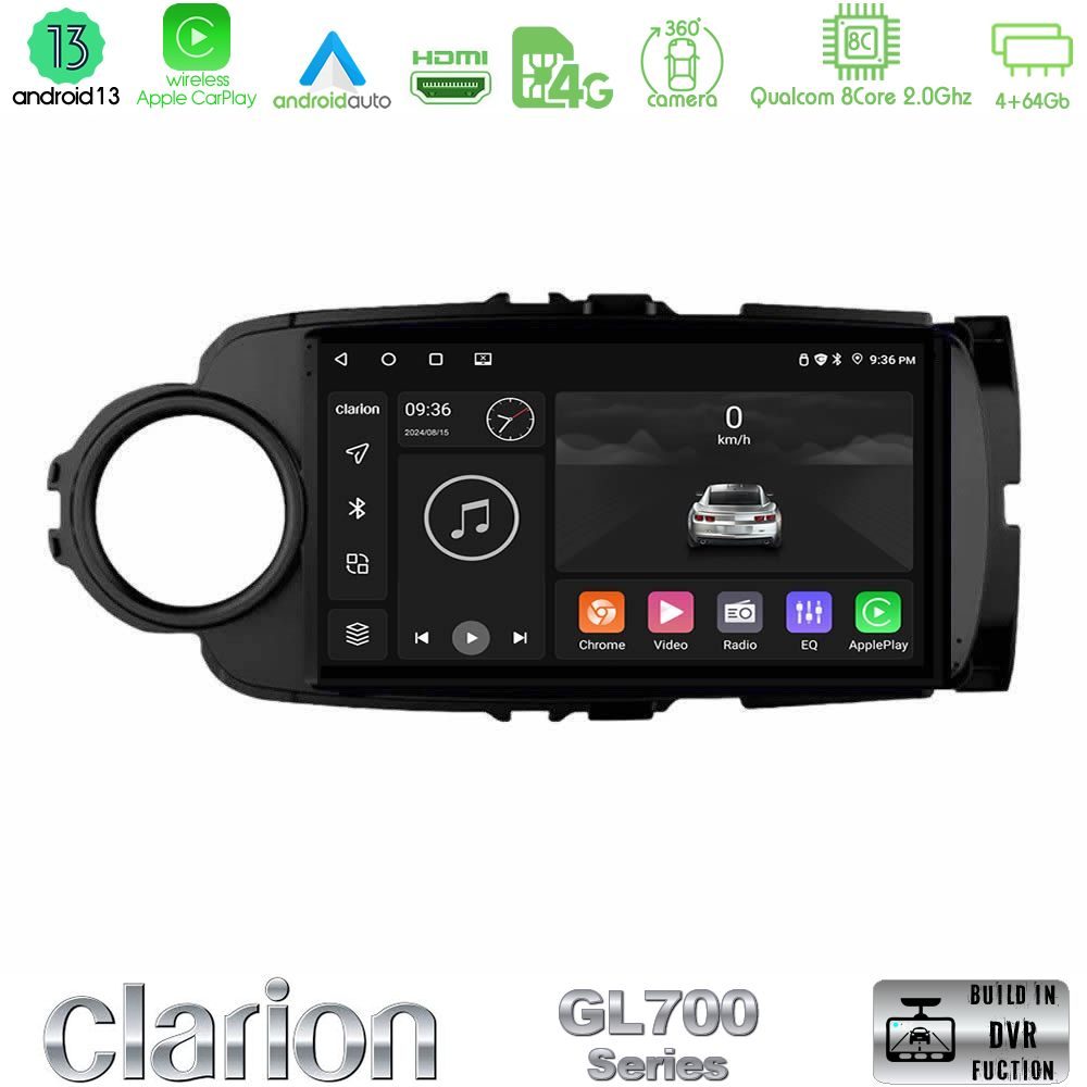 Clarion GL700 Series 8Core Android13 4+64GB Toyota Yaris Navigation Multimedia Tablet 9" (Μαύρο Χρώμα) Με Carplay & Android Auto