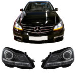 Μπροστινά Φανάρια Set Για Mercedes-Benz C-Class W204 11-14 DRL & Led Φλας Μαύρα H7 Με Μοτέρ Depo