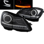 Μπροστινά Φανάρια Set Για Mercedes-Benz C-Class W204 11-14 DRL & Led Φλας Μαύρα H7 Με Μοτέρ Depo - Image 2