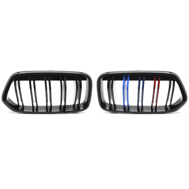 Καρδιές Μάσκας Για Bmw X2 F39 18+ M4 Look Με Διπλή Γρίλια Tri-Color Μαύρο Γυαλιστερό 2 Τεμάχια - Image 1