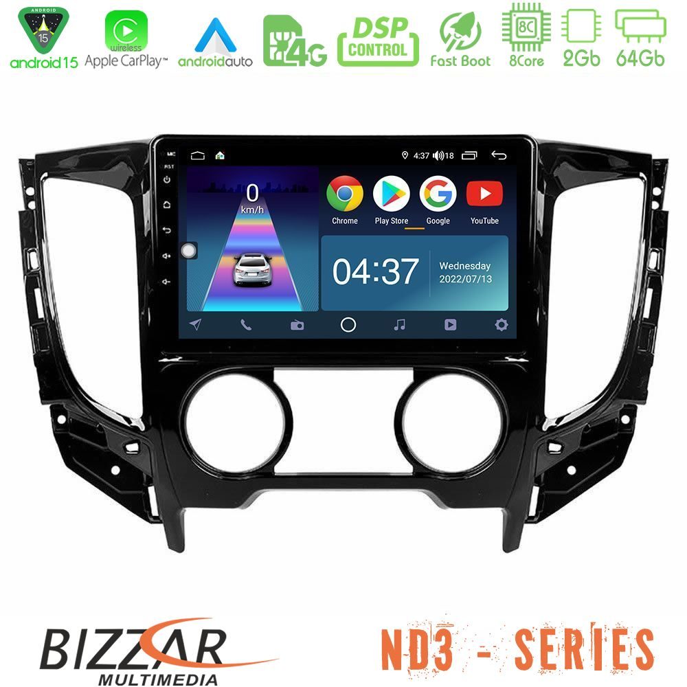 Bizzar ND3 Series 8Core Android15 2+64GB  Mitsubishi L200 2016-> amp; Fiat Fullback (Manual A/C) Navigation Multimedia Tablet 9"