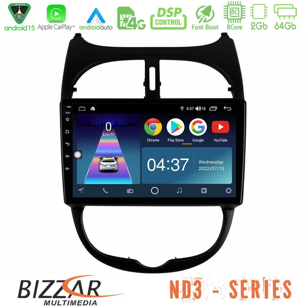 Bizzar ND3 Series 8Core Android15 2+64GB  Peugeot 206 Navigation Multimedia Tablet 9"