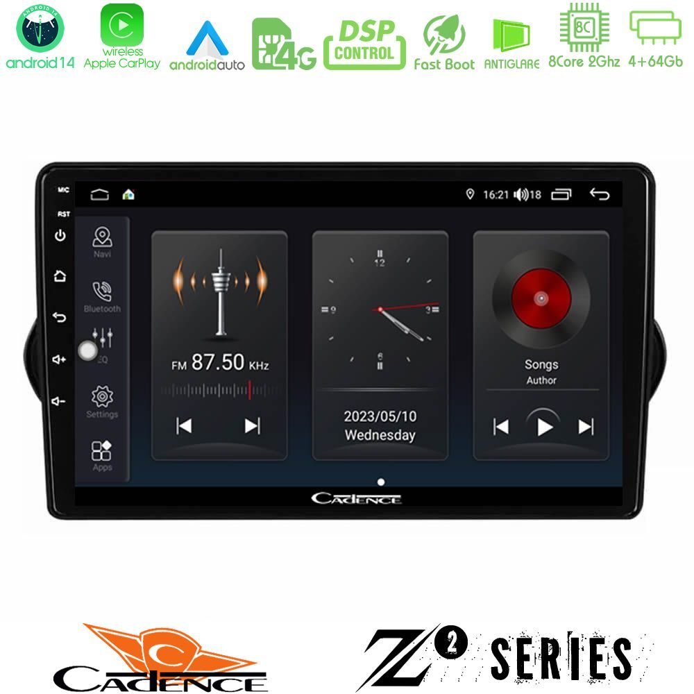 Cadence Z2 Series 8Core Android14 4+64GB  Fiat Tipo 2015-2022 (Sedan) Navigation Multimedia Tablet 9" Με Carplay & Android Auto