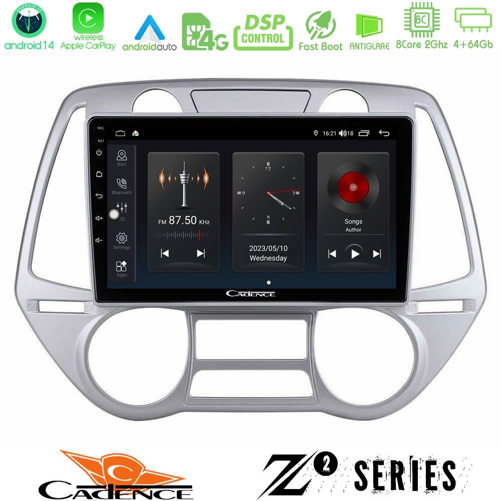 Cadence Z2 Series 8Core Android14 4+64GB  Hyundai i20 2009-2012 Auto A/C Navigation Multimedia Tablet 9" Με Carplay & Android Auto