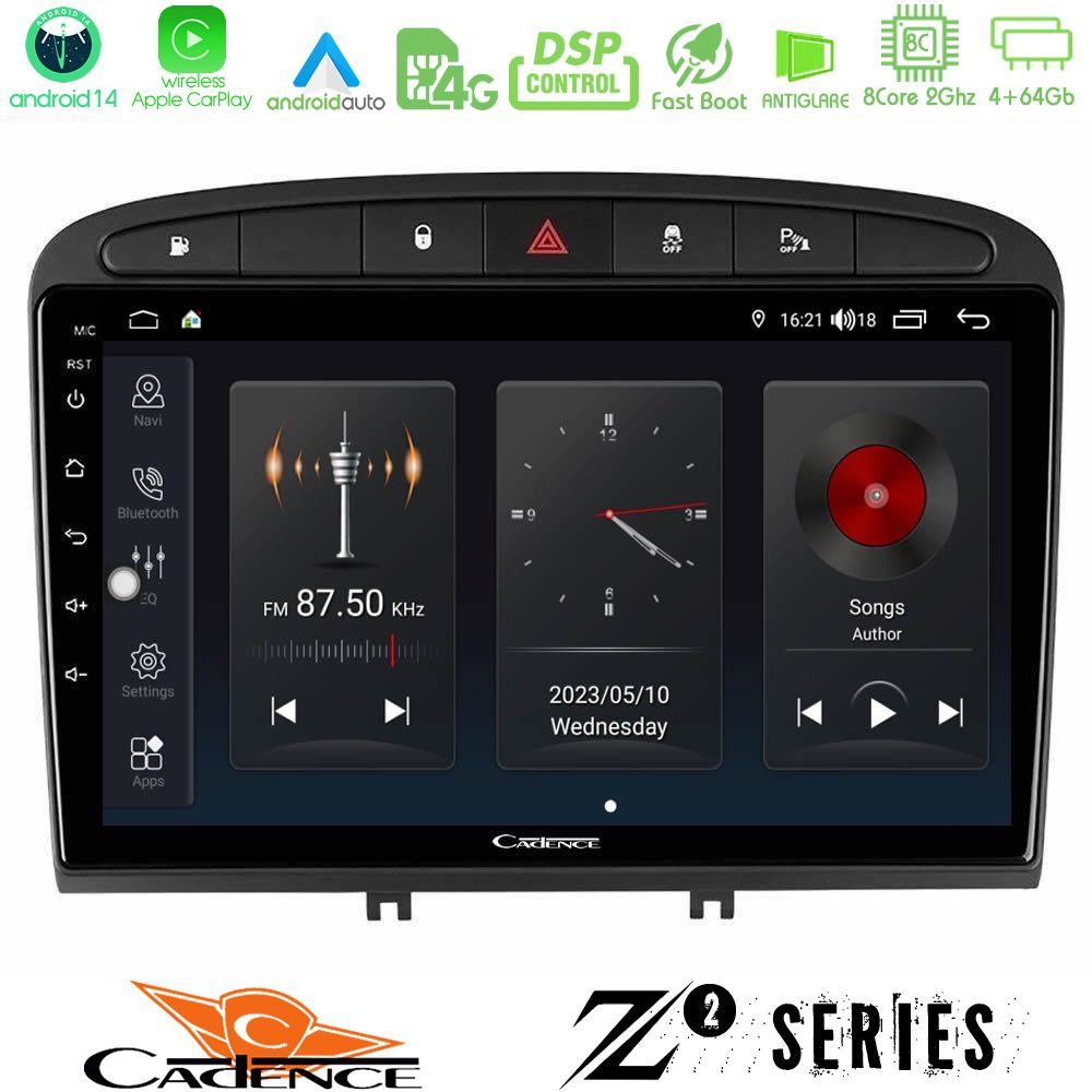Cadence Z2 Series 8Core Android14 4+64GB  Peugeot 308/RCZ Navigation Multimedia Tablet 9" Με Carplay & Android Auto