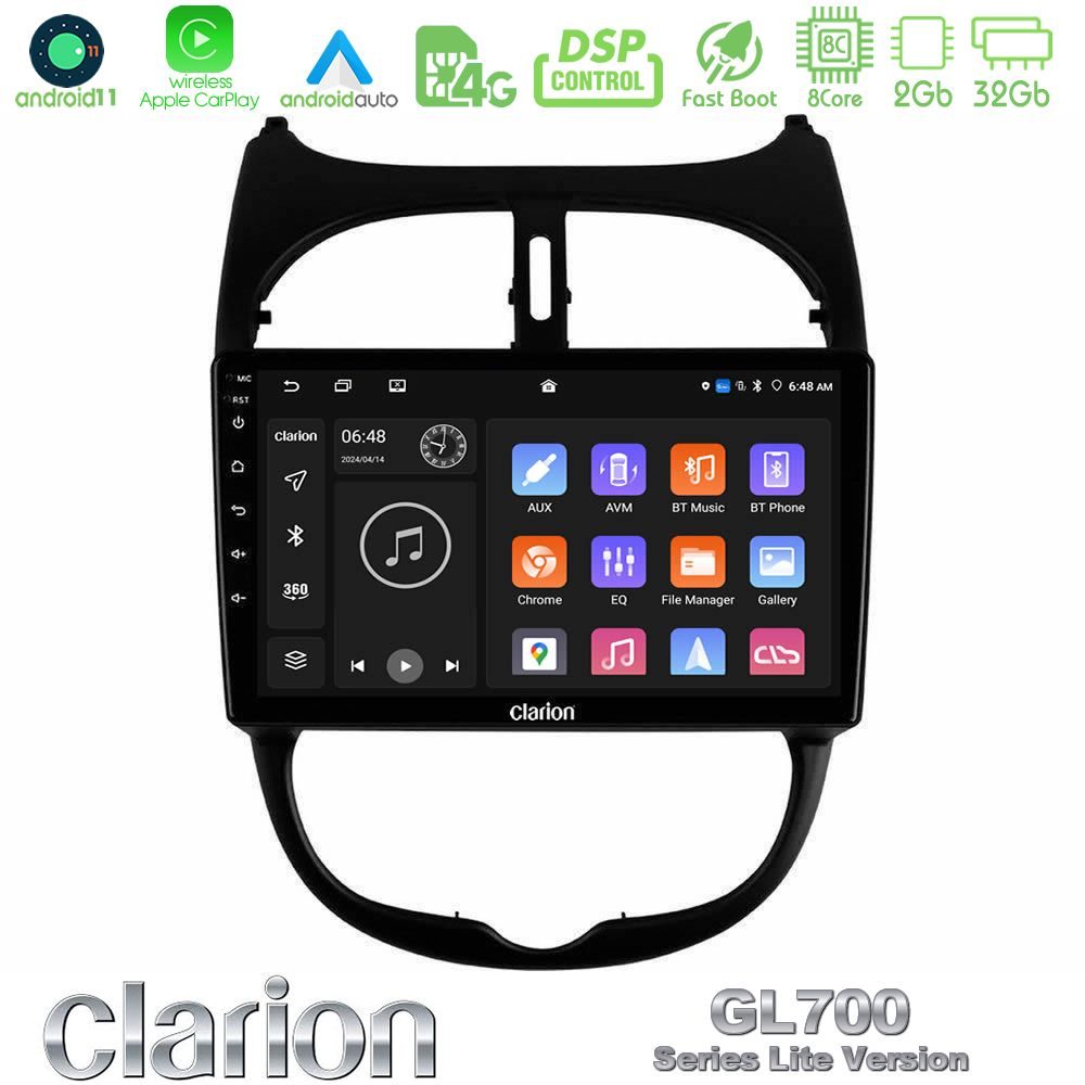 Clarion GL700 Lite Series 8Core Android11 2+32GB Peugeot 206 Navigation Multimedia Tablet 9" Με Carplay & Android Auto