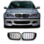 Καρδιές Μάσκας Για Bmw 3 E46 02-05 SedanTouring M4 Look Με Διπλή Γρίλια Tri-Color Μαύρο Γυαλιστερό 2 Τεμάχια
