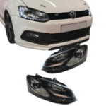 Μπροστινά Φανάρια Set Για Vw Polo 6R 6C 09-17 DRL GTI R-Look Μαύρα Με Ασημί Γραμμή H7H7 Με Μοτέρ Carner