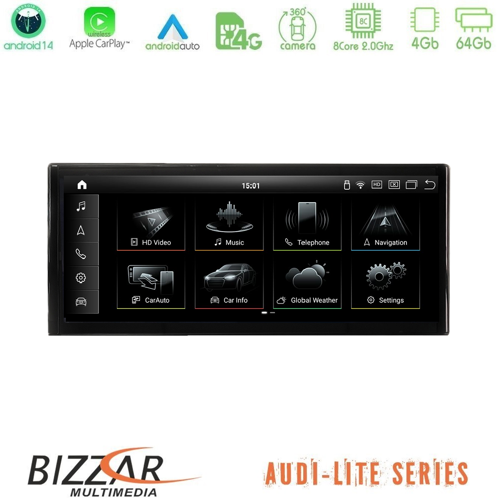 Bizzar Lite Series Audi A1 (8X) 2010-2018 Android14 8Core (4+64GB) Navigation Multimedia 10.25"