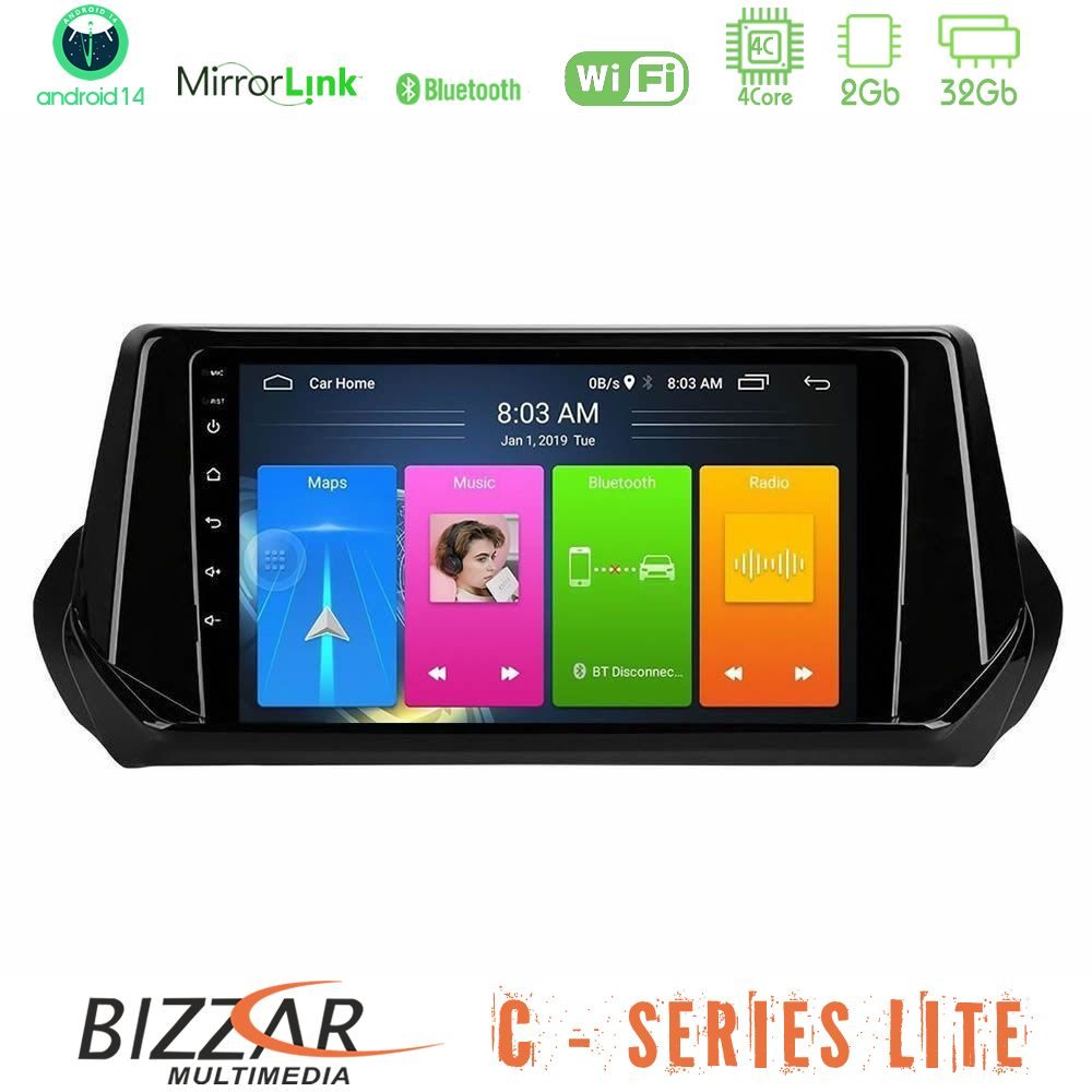 Bizzar C Series Lite 4Core Android14 2+32GB  Peugeot 208/2008 2019-2023 Navigation Multimedia Tablet 9"