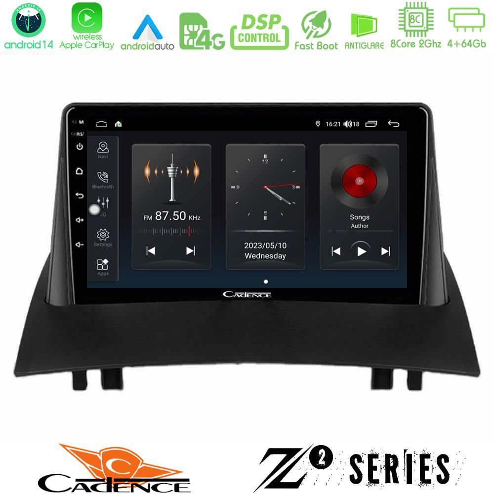 Cadence Z2 Series 8Core Android14 4+64GB  Renault Megane 2 2002-2008 Navigation Multimedia Tablet 9" Με Carplay & Android Auto