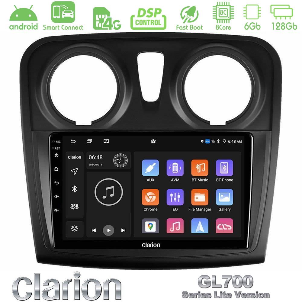 Clarion GL700 Lite Series 8Core Android ClarionOS 6+128GB Dacia Sandero 2014-2020 Navigation Multimedia Tablet 9" Με Carplay & Android Auto