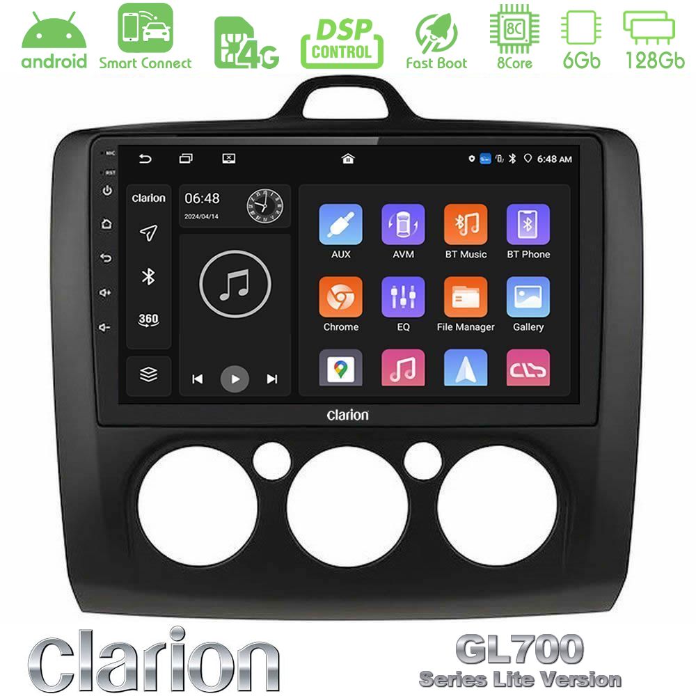 Clarion GL700 Lite Series 8Core Android ClarionOS 6+128GB Ford Focus Manual AC Navigation Multimedia Tablet 9" (Μαύρο Χρώμα) Με Carplay & Android Auto