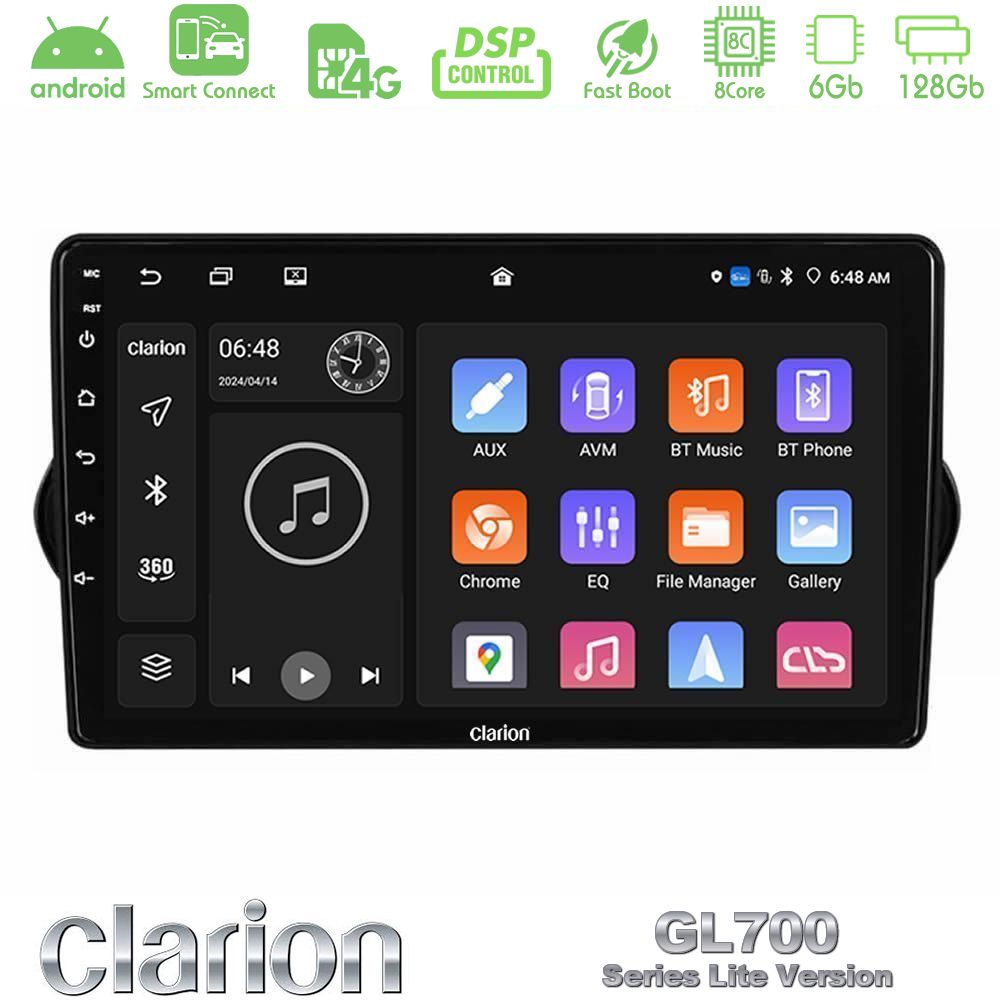 Clarion GL700 Lite Series 8Core Android ClarionOS 6+128GB Fiat Tipo 2015-2022 (Hatchback) Navigation Multimedia Tablet 9" Με Carplay & Android Auto